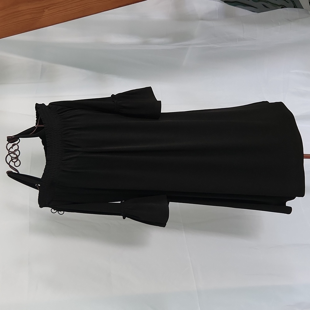 Susan Graver Black Smocked Elastic Neckline Bell Sleeve Shift Dress